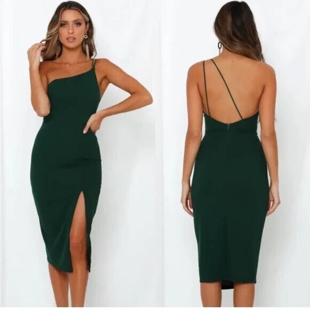 Hello Molly Dress Womens Small Green Taking It Back Strappy One Shoulder Split